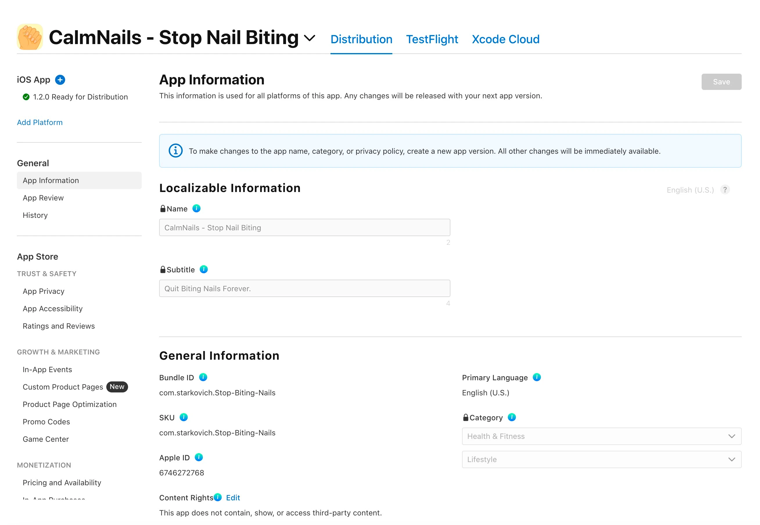 App Store Connect app information page with localizable listing metadata fields