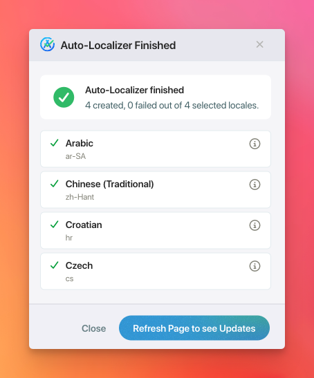 AscBuddy Auto-Localizer finished screen showing created locales and a refresh button