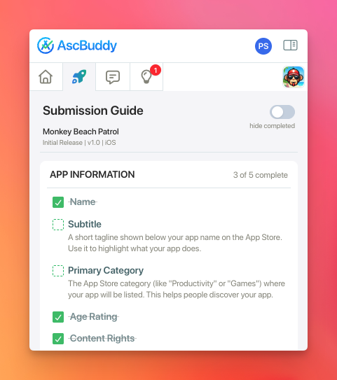 AscBuddy submission checklist for App Store Connect